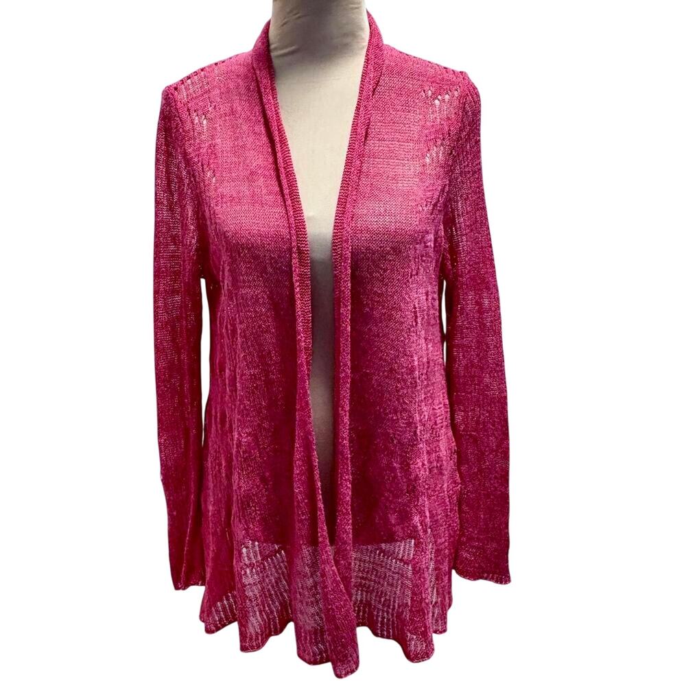 Eileen Fisher Pink Lacey Crochet Knit Open Front Cardigan Sweater Flared Boho